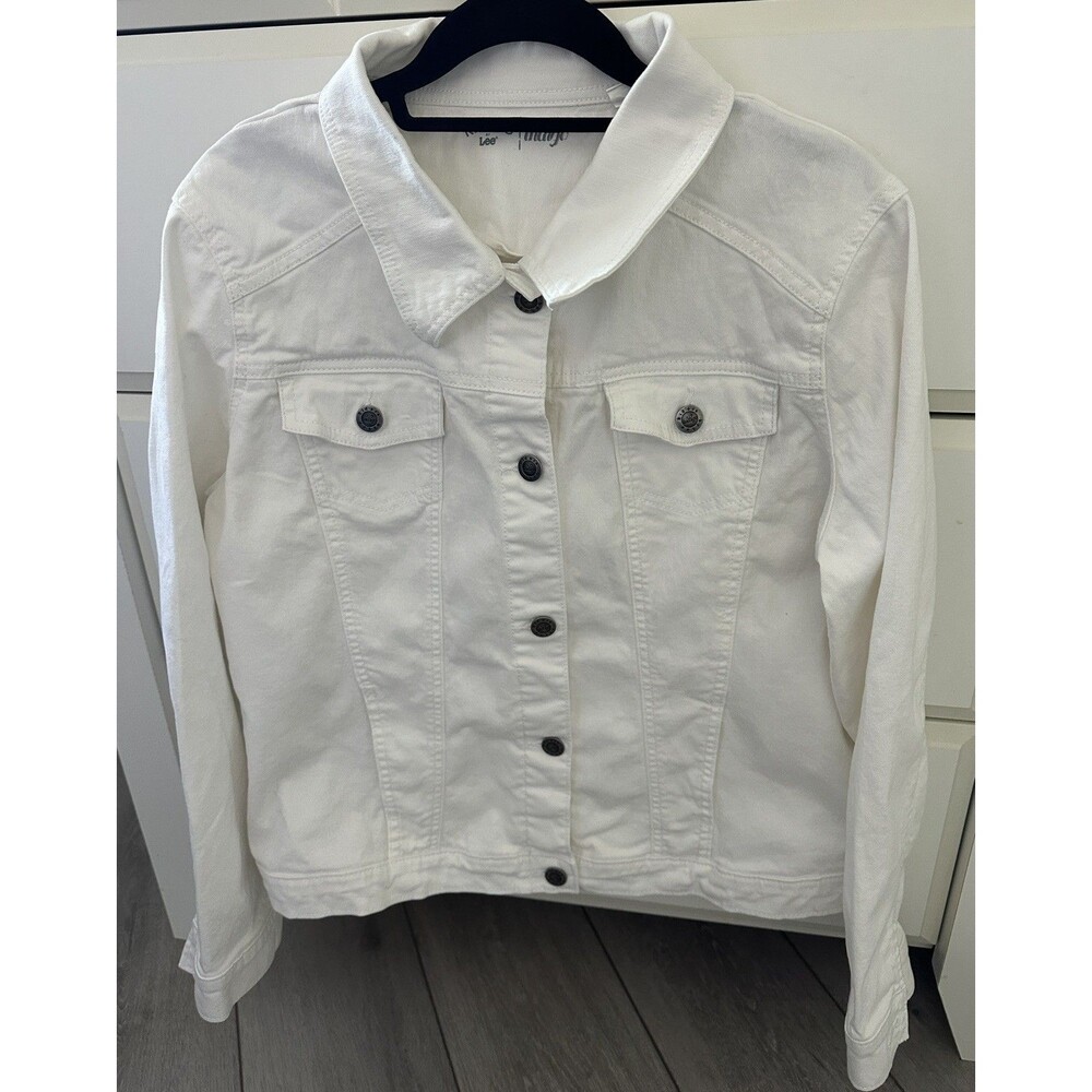 Riders by Lee Womens White Denim Jacket Size XL Button Up Trucker Stretch Jean